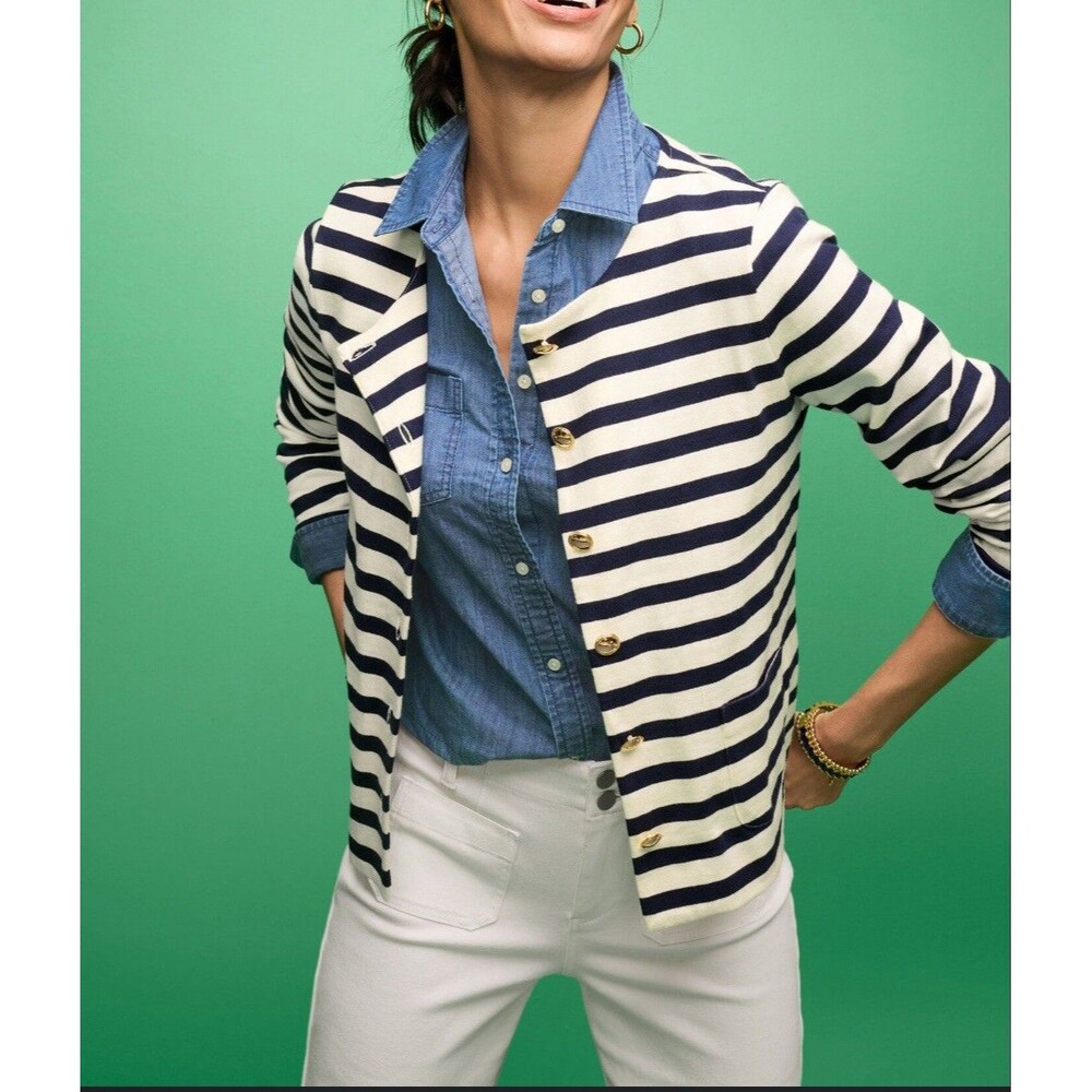 Talbots Cardigan Womens Medium Blue White Stripe Gold Button Up Sweater 1X